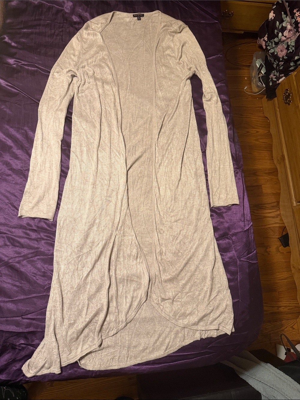 Express Long Sleeve Open Front Maxi Cardigan in Light Taupe